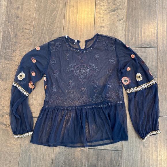 Zara Blue Mesh Boho Style Top Large - Picture 2 of 6